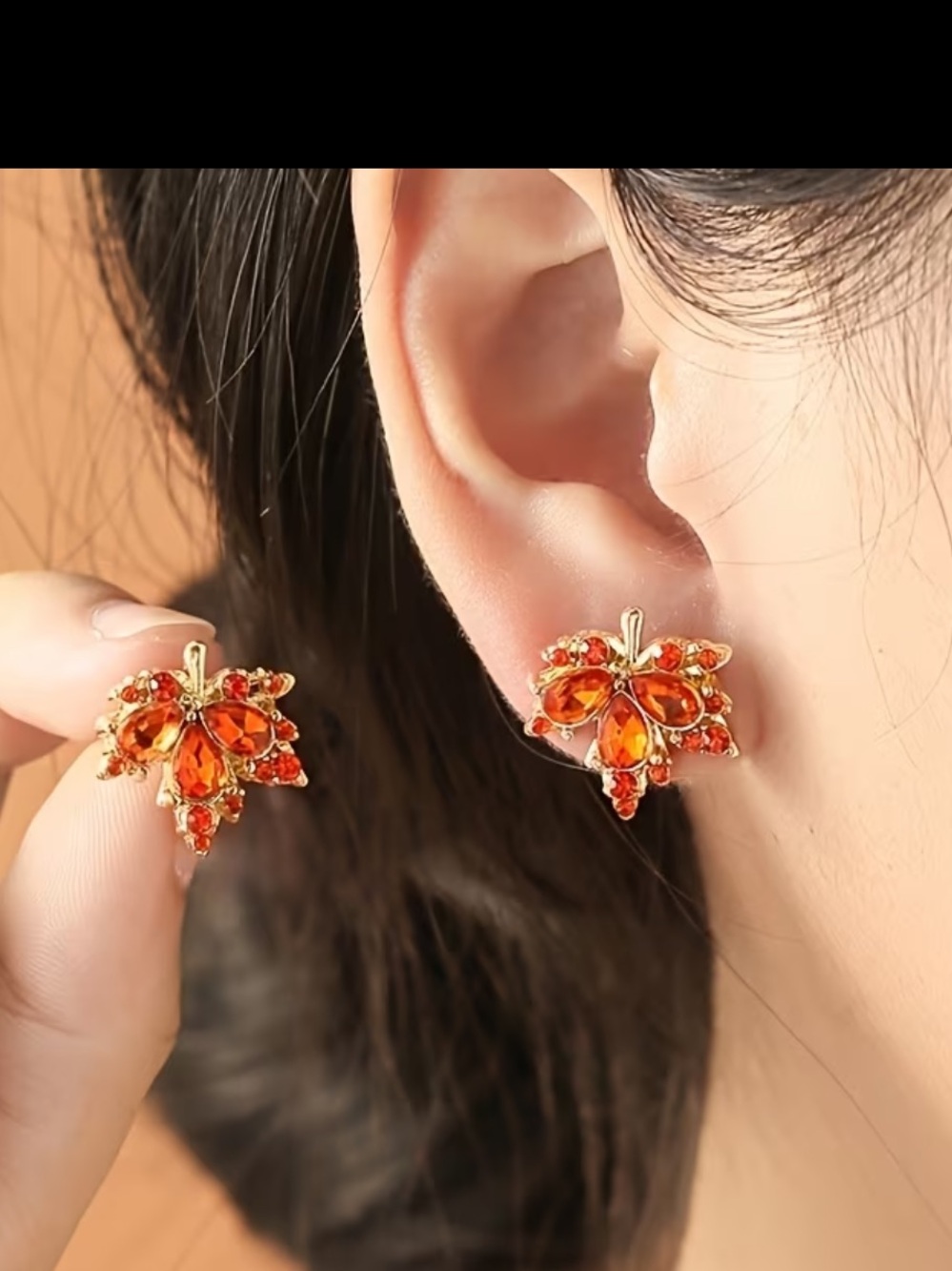 Gold plated 18k Floral Orange Crystal Stud Earrings - Women Jewelry